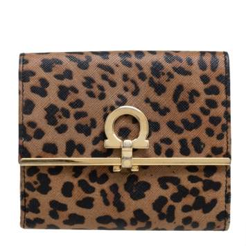 Pre Owned Salvatore Ferragamo Leopard Print Leather Gancio Bit Compact Wallet