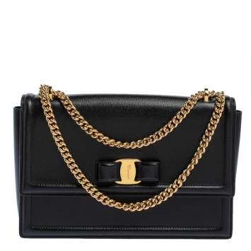 Pre Owned Salvatore Ferragamo Black Leather Vara Bow Chain Shoulder Bag