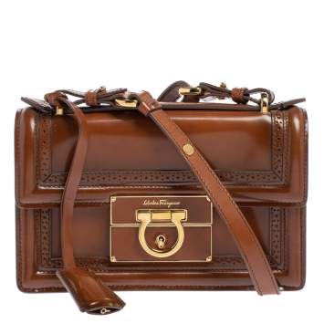 Pre Owned Salvatore Ferragamo Tan Brogue Glossy Leather Aileen Shoulder Bag