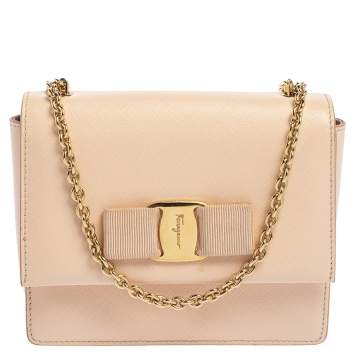 Pre Owned Salvatore Ferragamo Peach Leather Mini Ginny Crossbody Bag