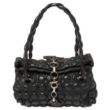 Pre Owned Salvatore Ferragamo Black Embossed Leather Fold Over Shoulder Bag