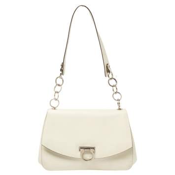 Pre Owned Salvatore Ferragamo White Leather Flap Shoulder Bag
