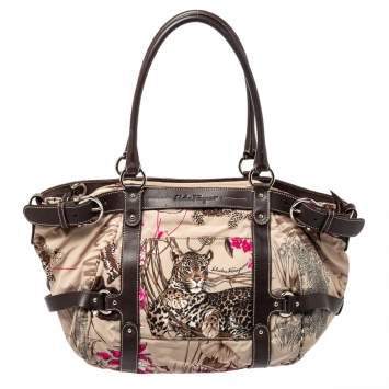 Pre Owned Salvatore Ferragamo Brown Fabric and Leather Fiera Print Shoulder Bag