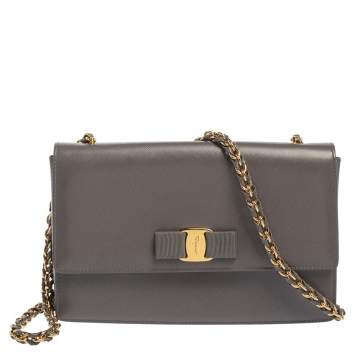 Pre Owned Salvatore Ferragamo Grey Saffiano Leather Ginny Shoulder Bag
