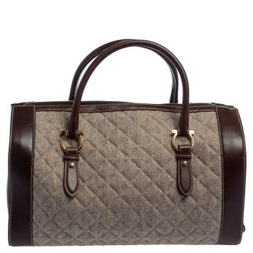 Pre Owned Salvatore Ferragamo Brown/Grey Quilted Wool and Leather Boston Duffle Bag