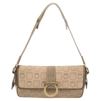 Pre Owned Salvatore Ferragamo Beige Gancini Canvas Shoudler Bag
