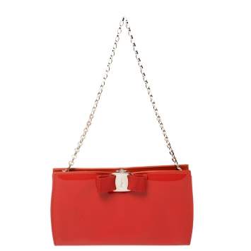 Pre Owned Salvatore Ferragamo Red Patent Vara Bow Chain Clutch