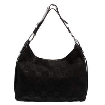 Pre Owned Salvatore Ferragamo Black Monogram Canvas and Leather Hobo