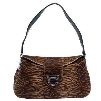 Pre Owned Salvatore Ferragamo Brown Tiger Stripes Pony Hair Baguette