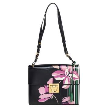 Pre Owned Salvatore Ferragamo Black Floral Print Leather Marisol Shoulder Bag