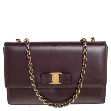 Pre Owned Salvatore Ferragamo Burgundy Saffiano Leather Ginny Shoulder Bag