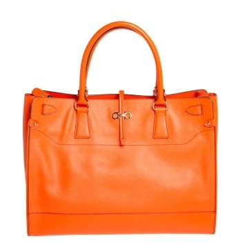 Pre Owned Salvatore Ferragamo Orange Leather Batik Tote 