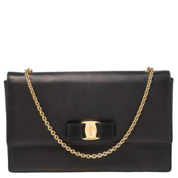 Pre Owned Salvatore Ferragamo Black Leather Vara Bow Chain Bag