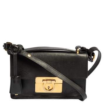 Pre Owned Salvatore Ferragamo Black Leather Gancini Crossbody Bag