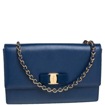 Pre Owned Salvatore Ferragamo Blue Leather Ginny Shoulder Bag