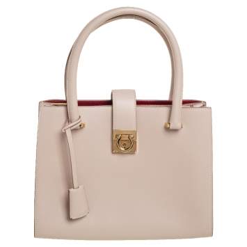 Pre Owned Salvatore Ferragamo Beige Leather Gancini Lock Tote
