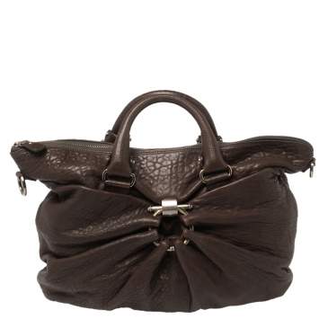 Pre Owned Salvatore Ferragamo Dark Brown Pebbled Leather Pleated Satchel