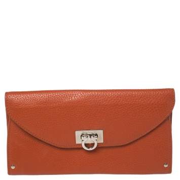 Pre Owned Salvatore Ferragamo Orange Leather Wallet