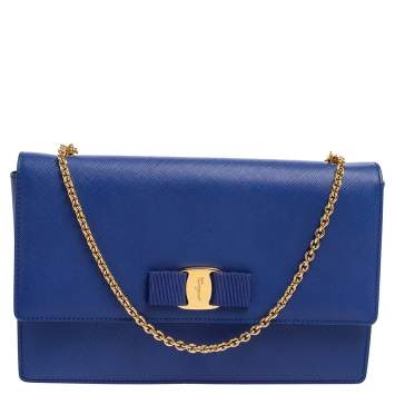 Pre Owned Salvatore Ferragamo Blue Leather Vara Bow Chain Shoulder Bag
