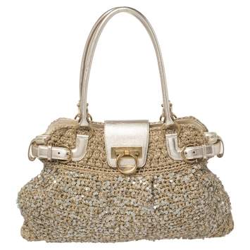 Pre Owned Salvatore Ferragamo Metallic Gold/Beige Crochet Fabric and Leather Sequin Embellished Marisa Satchel