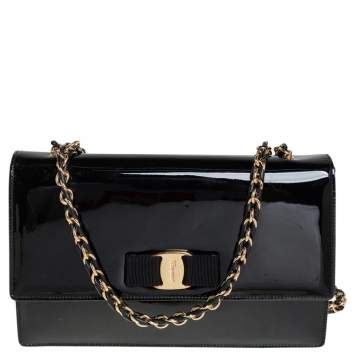 Pre Owned Salvatore Ferragamo Black Patent Leather Ginny Shoulder Bag