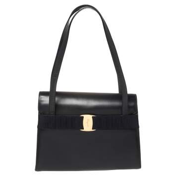 Pre Owned Salvatore Ferragamo Navy Blue Leather Vara Bow Flap Shoulder Bag