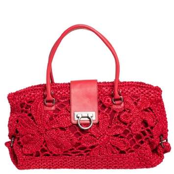 Pre Owned Salvatore Ferragamo Red Woven Straw and Leather Flap Satchel