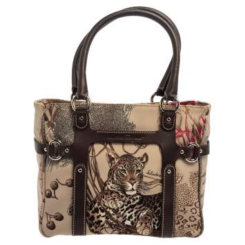 Pre Owned Salvatore Ferragamo Brown/Grey Tiger Print Nylon Small Tote