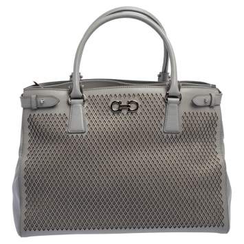 Pre Owned Salvatore Ferragamo Grey Laser Cut Leather Tote