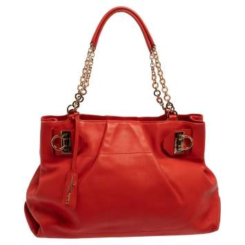 Pre Owned Salvatore Ferragamo Red Leather Chain Tote
