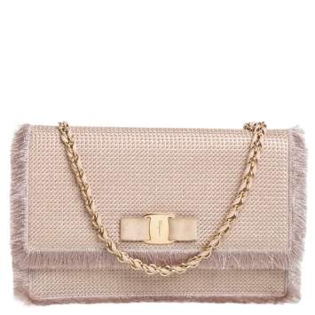 Pre Owned Salvatore Ferragamo Beige Suede and Fabric Ginny Fringed Crossbody Bag