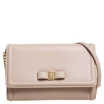 Pre Owned Salvatore Ferragamo Beige Leather Mini Vara Bow Crossbody Bag
