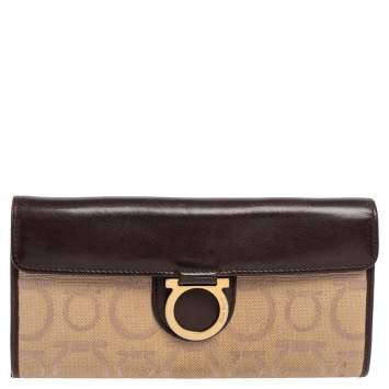 Pre Owned Salvatore Ferragamo Beige/Brown Gancini Canvas and Leather Continental Wallet