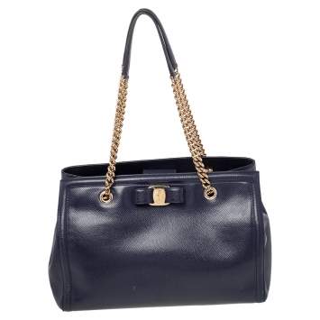 Pre Owned Salvatore Ferragamo Blue Leather Melike Vara Bow Chain Tote