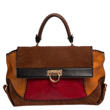 Pre Owned Salvatore Ferragamo Multicolor Nubuck And Leather Whipstitch Detail Large Sofia Satchel 