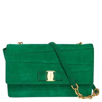 Pre Owned Salvatore Ferragamo Green Vara Zig Zag Suede Medium Ginny Flap Bag