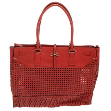 Pre Owned Salvatore Ferragamo Orange Perforated Leather Briana Tote
