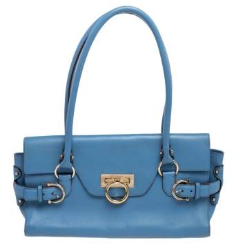 Pre Owned Salvatore Ferragamo Blue Leather Gancini Satchel