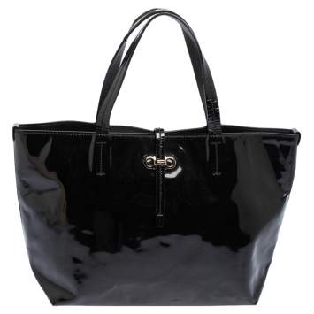 Pre Owned Salvatore Ferragamo Black Patent Leather Bice Tote