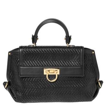 Pre Owned Salvatore Ferragamo Black Woven Raffia and Leather Large Sofia Top Handle Bag