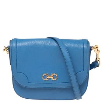 Pre Owned Salvatore Ferragamo Blue Leather Gancini Flap Crossbody Bag