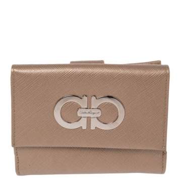 Pre Owned Salvatore Ferragamo Gold Leather Double Gancio Flap Compact Wallet