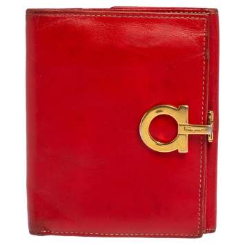 Pre Owned Salvatore Ferragamo Red Leather Gancini Clip French Wallet