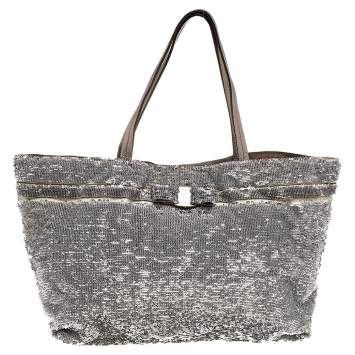 Pre Owned Salvatore Ferragamo Grey Sequins And Nylon Tote