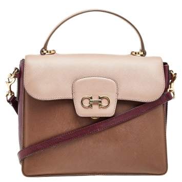 Pre Owned Salvatore Ferragamo Beige/Brown Leather Gancini Top Handle