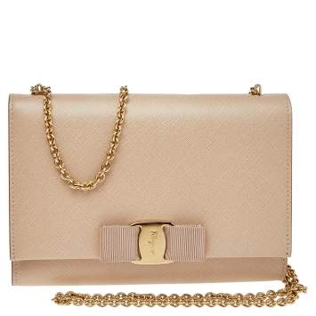 Pre Owned Salvatore Ferragamo Beige Leather Vara Bow Chain Shoulder Bag