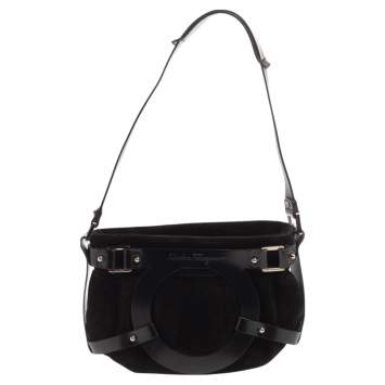 Pre Owned Salvatore Ferragamo Black Nubuck and Leather Gancio Baguette 