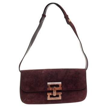 Pre Owned Salvatore Ferragamo Burgundy Suede Wood Logo Flap Shoulder Bag