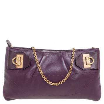 Pre Owned Salvatore Ferragamo Purple Leather Gancini Shoulder Bag