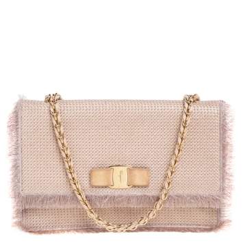 Pre Owned Salvatore Ferragamo Beige Suede and Fabric Ginny Fringed Crossbody Bag